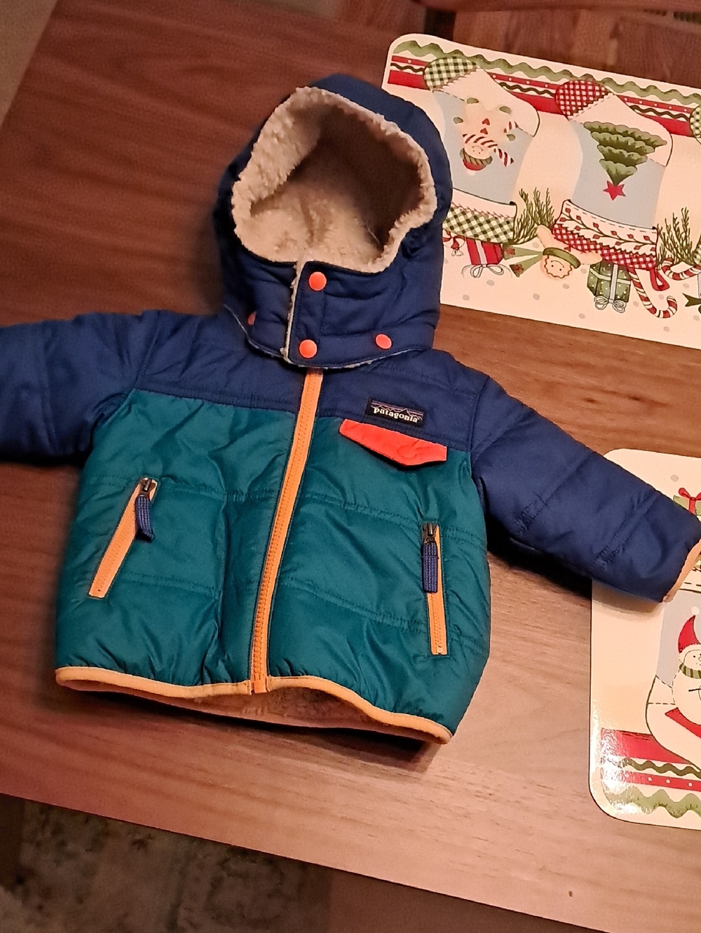 Patagonia Navy Blue Baby Reversible Winter Jacket. Hood detaches.
